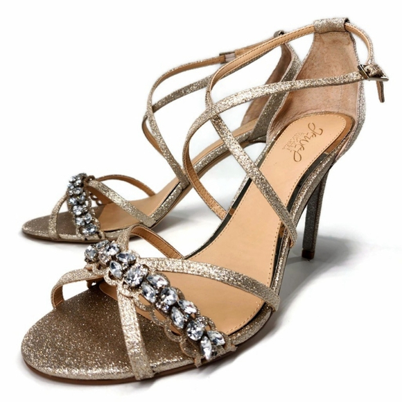 Badgley Mischka Gisele Gold Glitter Strappy Crystal Embellished HiHeel Evening - Picture 1 of 12